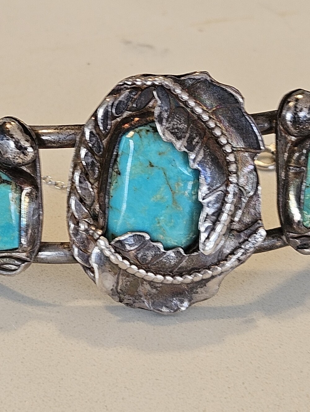 Old Pawn Navajo Turquoise Sterling Silver Leaf Cuff Bracelet Fred Harvey Era - Picture 4 of 8